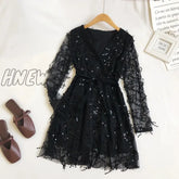 Hnewly Summer Women V-Neck Bling Sequin Sexy Mesh Gauze Bow Chic Dress Lady Short Bandage Strap
